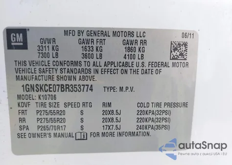 2011 Chevrolet Tahoe Ltz из США, поврежденный, VIN 1GNSKCE07BR353774